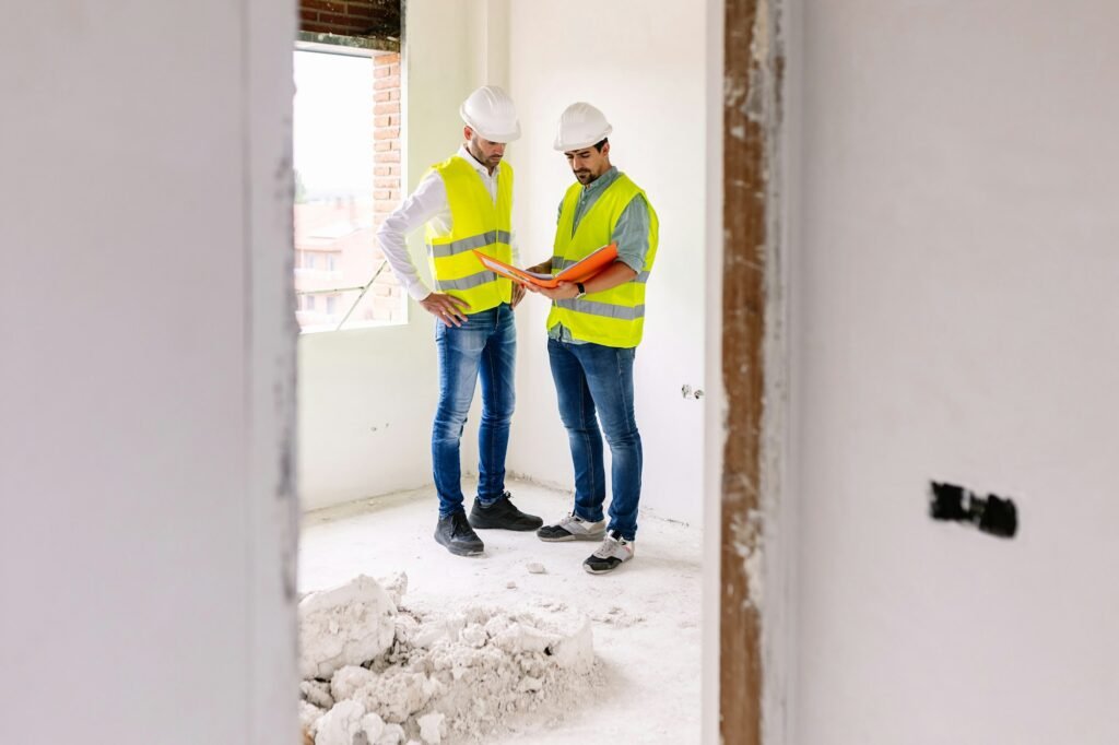 Architect males working at construction site